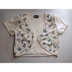 Vintage 90s Impact Floral Layered Crop Top Cream Short Sleeve Crochet Trim Small
